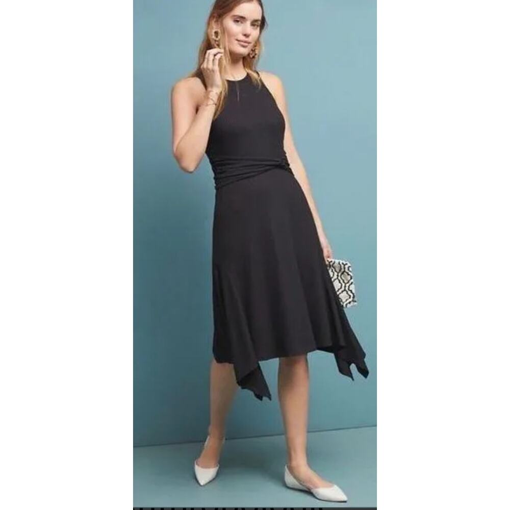 Anthropologie Kingsolver Ribbed Black Midi Dress LBD SZ Medium Sleeveless